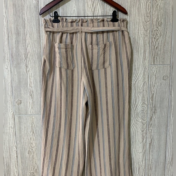 Rewash Linen Paper Bag Waist Wide Leg Striped Raw Edge Split Hem Crop Pants L - Picture 4 of 11